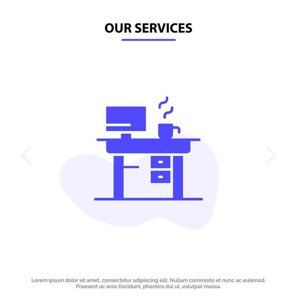 Our Services Job Laptop Office Working Solid Glyph Icon Web card Template vector