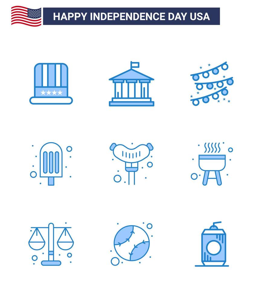 Set of 9 USA Day Icons American Symbols Independence Day Signs for barbecue frankfurter buntings food food Editable USA Day Vector Design Elements