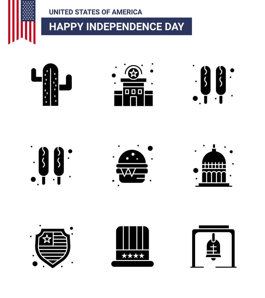 Set of 9 Modern Solid Glyphs pack on USA Independence Day statehouse indiana corn dog meal fast Editable USA Day Vector Design Elements
