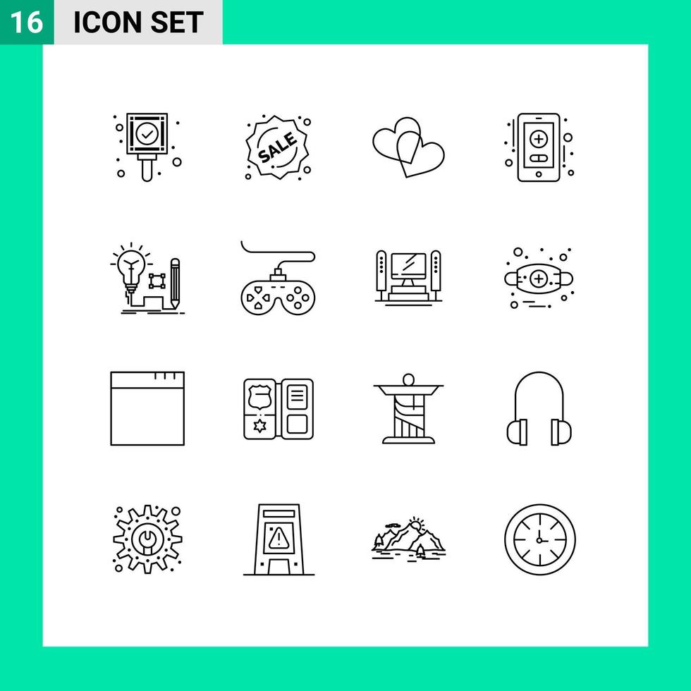 Group of 16 Outlines Signs and Symbols for lamp insight favorites idea healthcare Editable Vector Design Elements