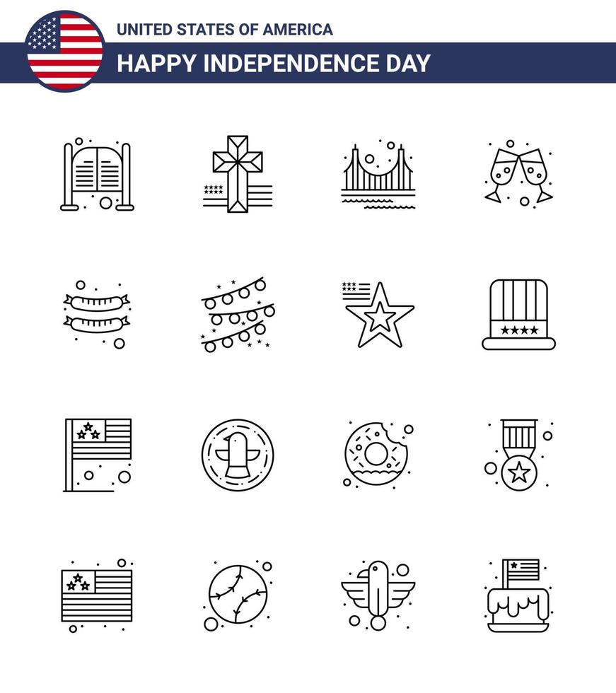 Line Pack of 16 USA Independence Day Symbols of frankfurter wine glass bridge wine tourism Editable USA Day Vector Design Elements