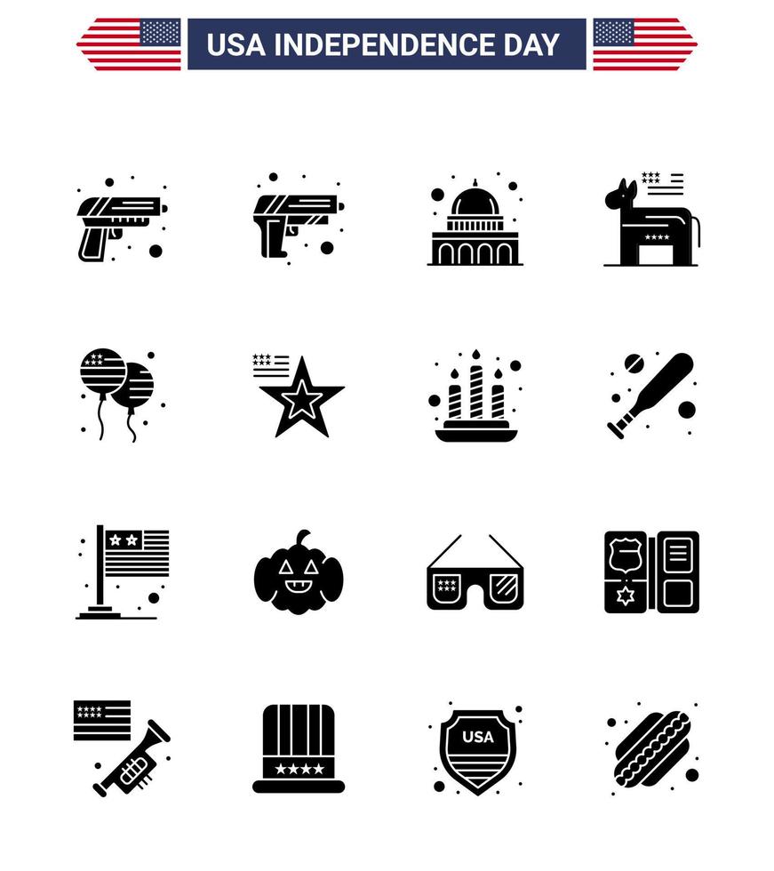 Set of 16 USA Day Icons American Symbols Independence Day Signs for american american donkey fly bloon Editable USA Day Vector Design Elements
