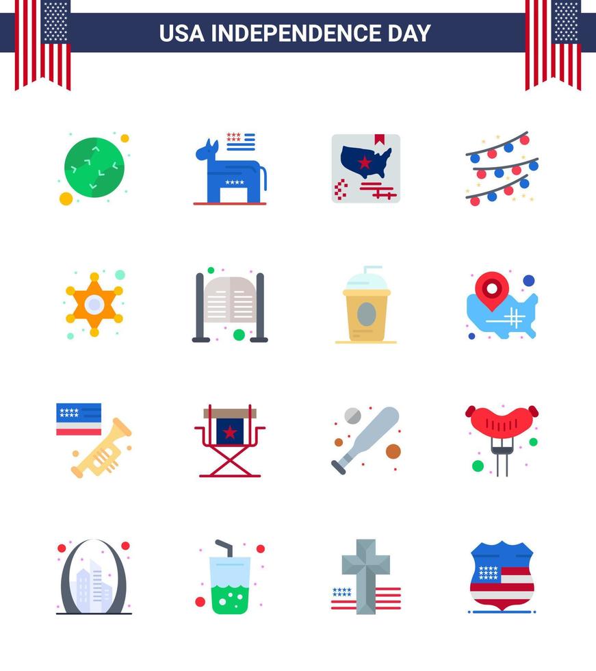 Modern Set of 16 Flats and symbols on USA Independence Day such as star men american party bulb buntings Editable USA Day Vector Design Elements