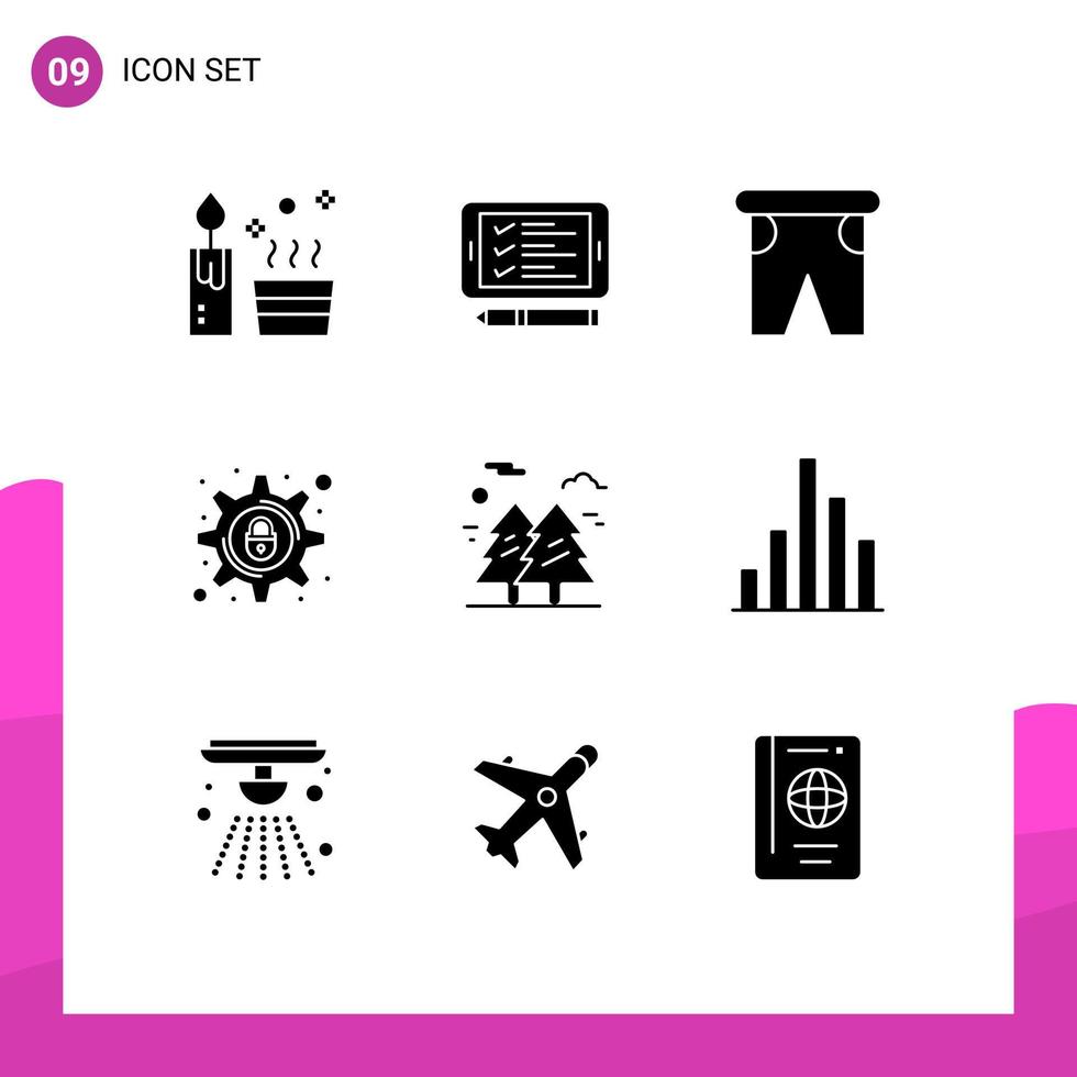 Modern Set of 9 Solid Glyphs Pictograph of forest security beach lock traveling Editable Vector Design Elements