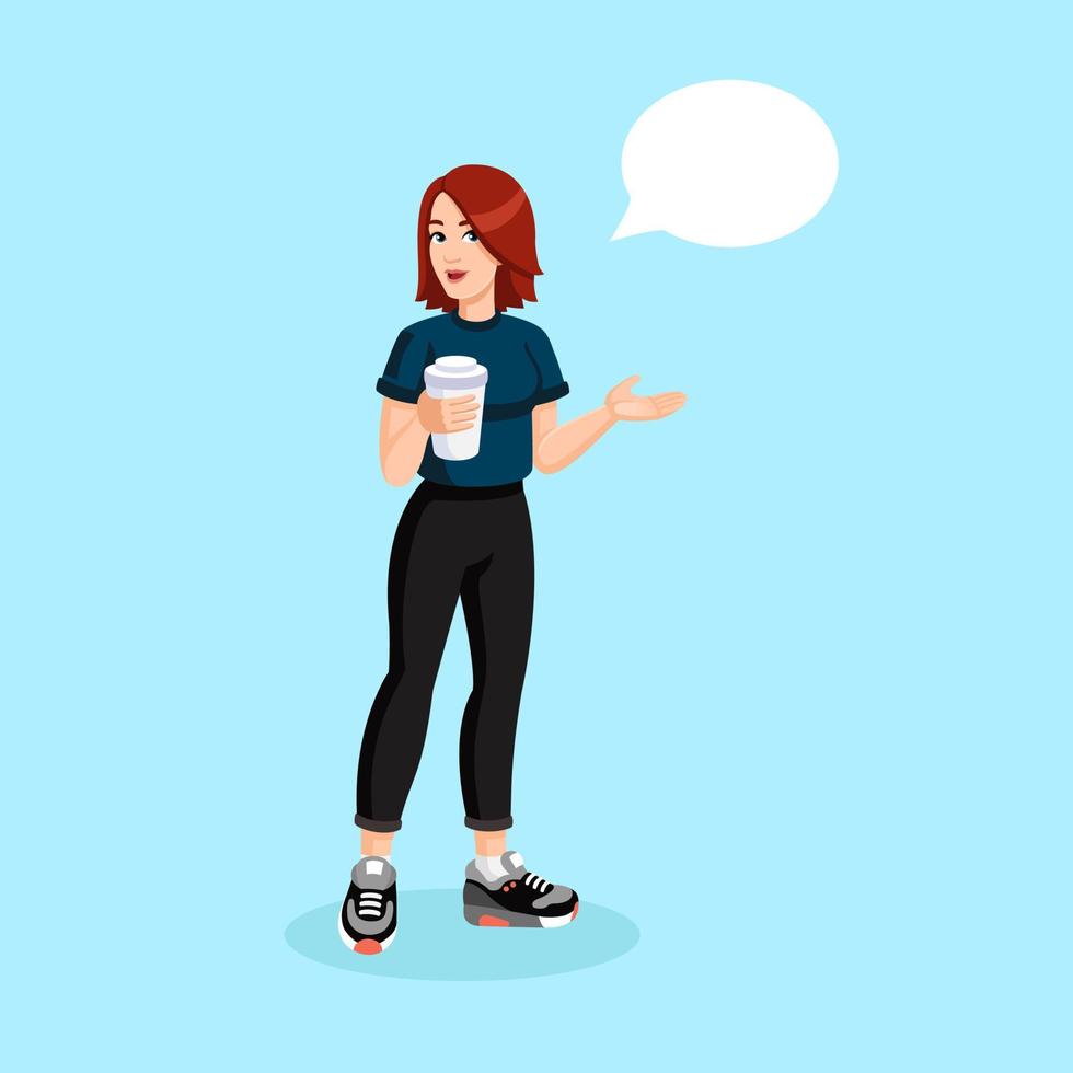 A redheaded  sporty girl in sportswear with a cup of coffee in her hands and talking bubble. Female, cartoon, flat, vector character, mascot. Coffee is always a good idea concept.