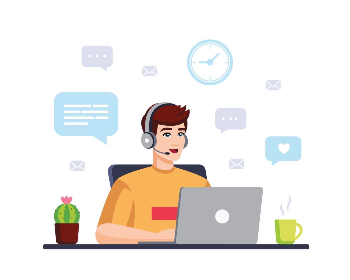 Man with computer, headphones and microphone . Concept illustration for support, assistance, call center. Call center Operator. Vector illustration in flat style