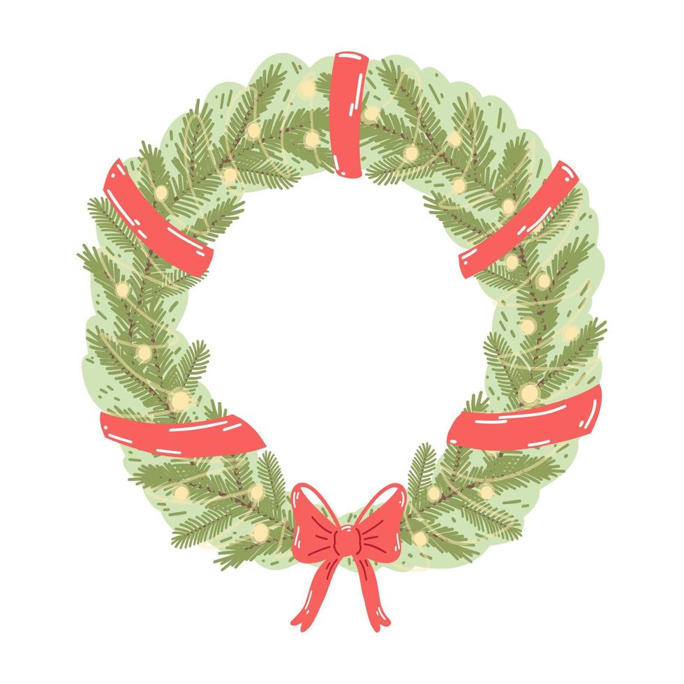 Christmas wreath in cartoon flat style. Hand drawn vector illustration of pine branches with red ribbon, bow and christmas lights