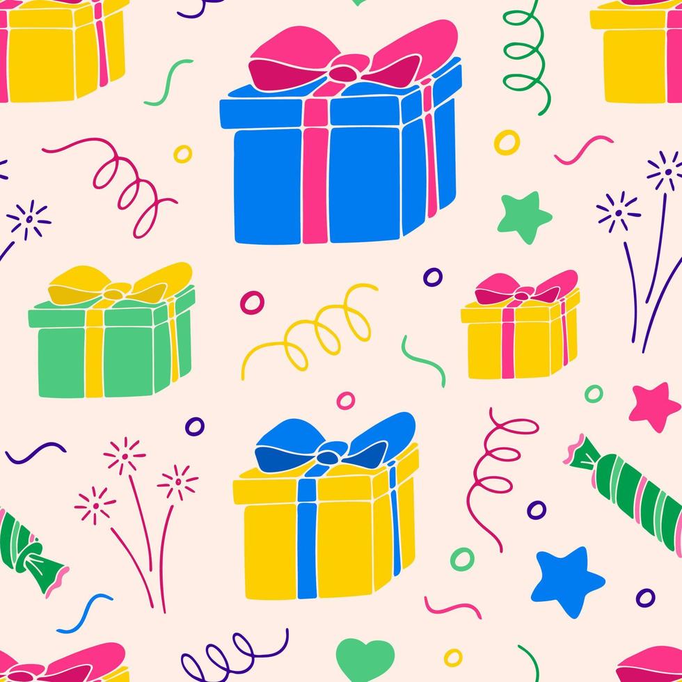 Seamless pattern with cute gift boxes. Vector colorful festive background with present boxes and confetti. Good for wrapping paper, wallpapers, fabric print and cover.