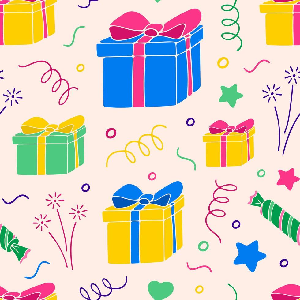 patrón sin costuras con lindas cajas de regalo. Fondo festivo colorido vectorial con cajas de regalo y confeti. bueno para envolver papel, papel tapiz, estampado de tela y cubierta. vector