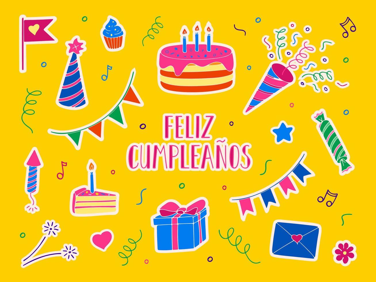 Set of Happy Birthday party elements. Hand drawn vector illustration of party decoration, gift box, cake with candles, fireworks, confetti, party hats and desserts. Stickers collection.