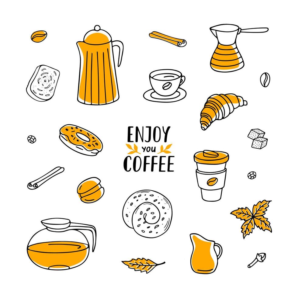 Set of coffee doodle with lettering. Hand drawn vector two color llustration of cup of coffee, croissant, bagel and other dishes for coffee break. Good for menu and cafe design.