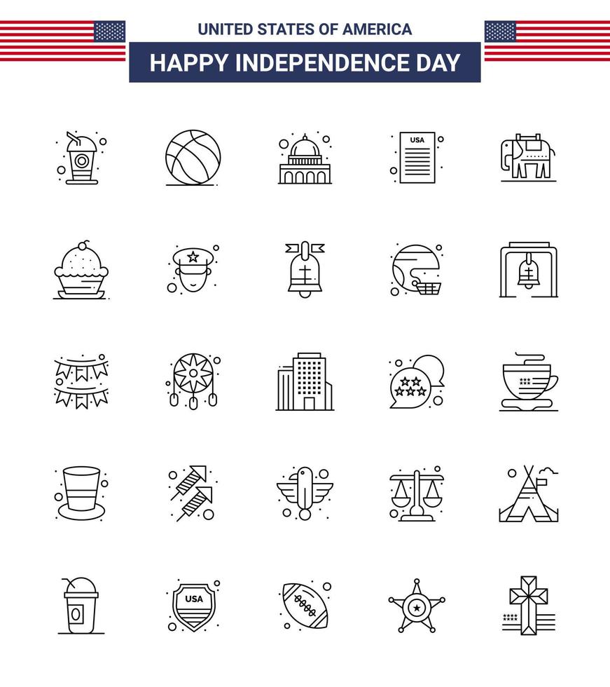 estados unidos feliz día de la independencia pictograma conjunto de 25 líneas simples de estados unidos elefante capitolio declaración democrática elementos de diseño vectorial editables del día de estados unidos vector