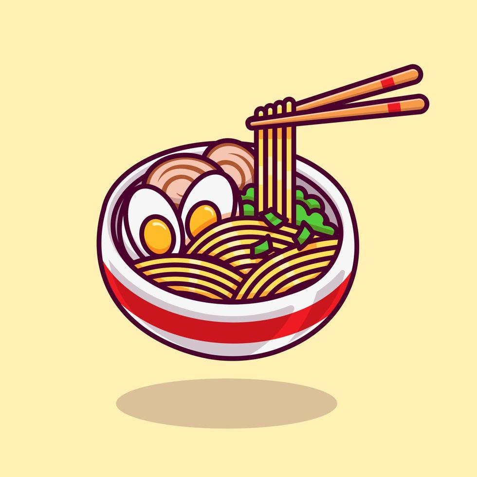 Floating ramen with chopstick, egg, mold, and vegetable isolated cartoon vector