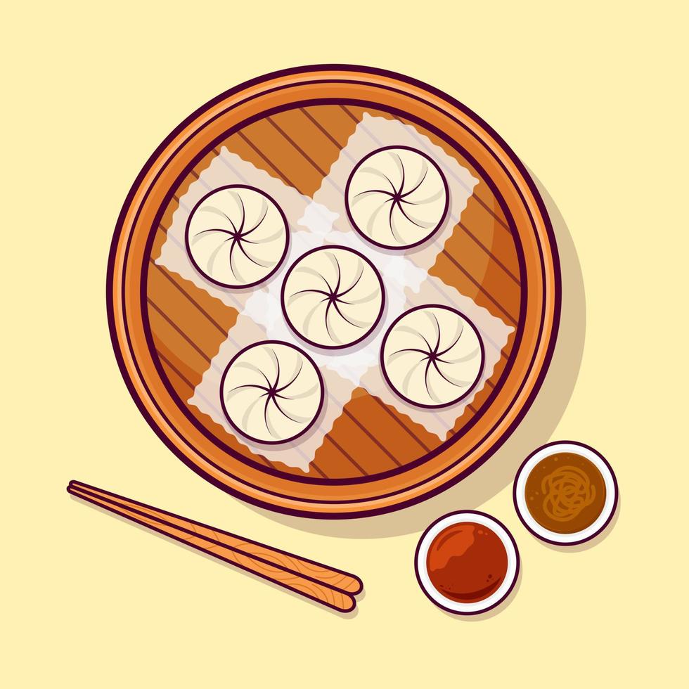 Dimsum with sauce and chopstick from top view isolated cartoon vector