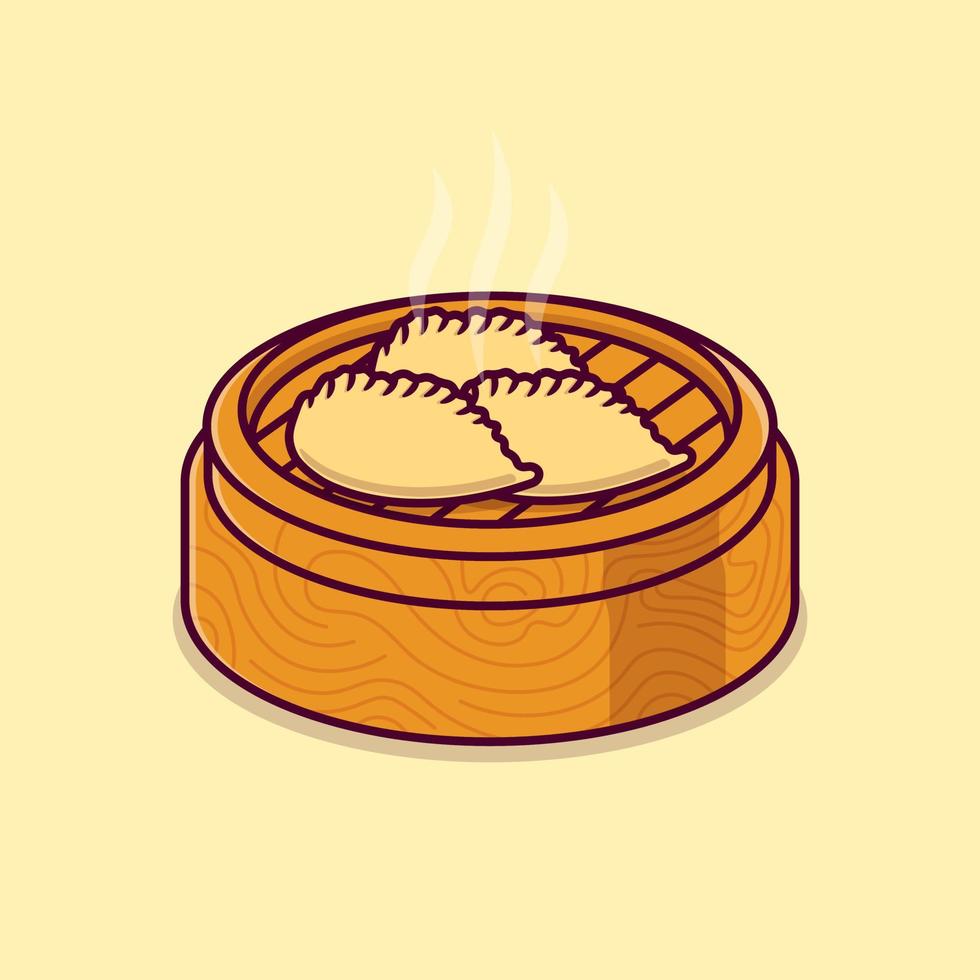 steamed hakau or dimsum in a bamboo steamer basket isolated cartoon vector