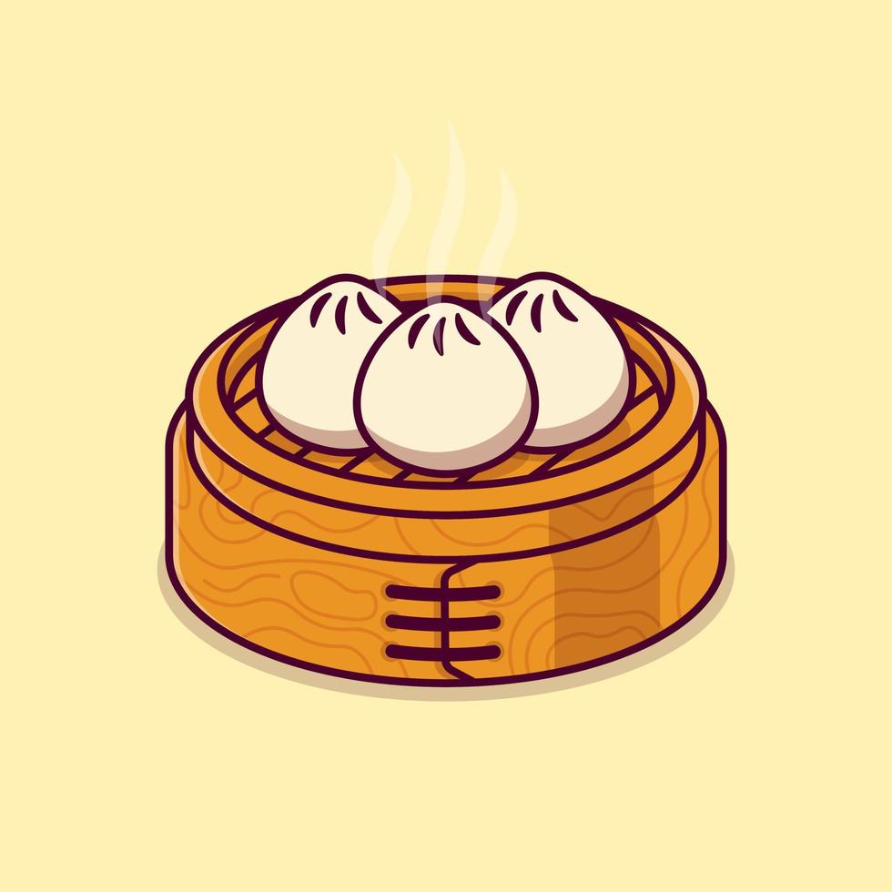 steamed dimsum or dumplings in a bamboo steamer basket isolated cartoon vector