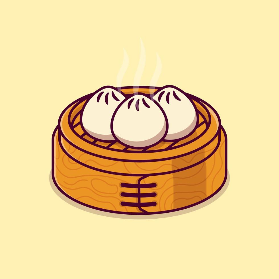 steamed dimsum or dumplings in a bamboo steamer basket isolated cartoon vector