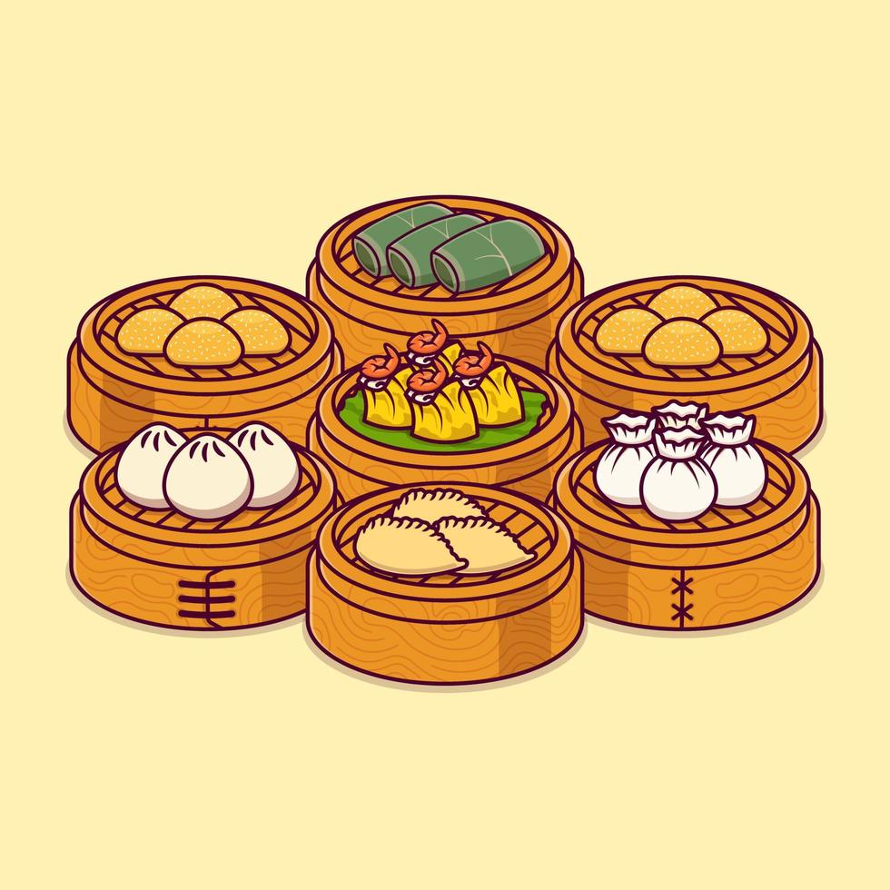 set of steamed dimsum in a bamboo steamer basket isolated cartoon vector
