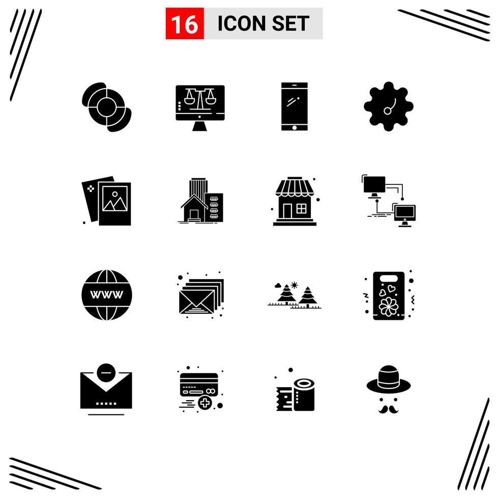 Pack of 16 creative Solid Glyphs of photography image smart phone gallery patterson Editable Vector Design Elements