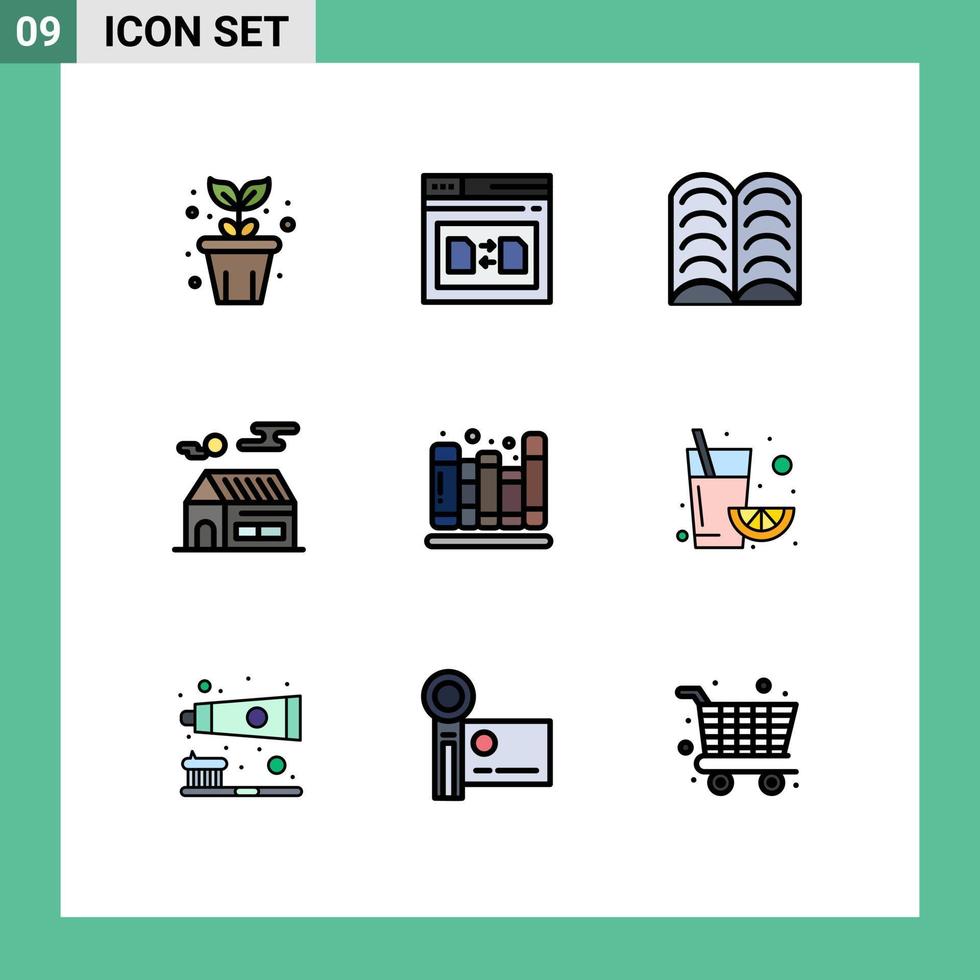 Mobile Interface Filledline Flat Color Set of 9 Pictograms of books real estate share sun home Editable Vector Design Elements