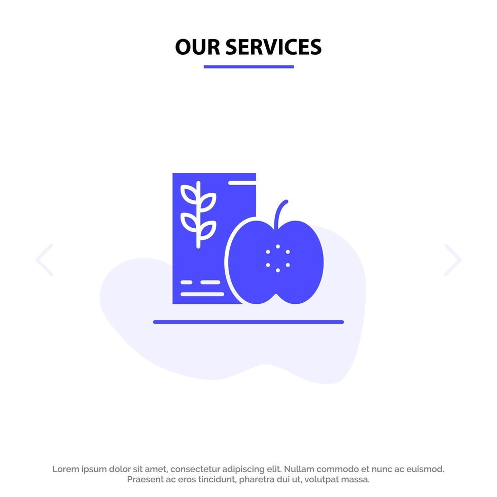 nuestros servicios desayuno dieta comida frutas saludable glifo sólido icono plantilla de tarjeta web vector