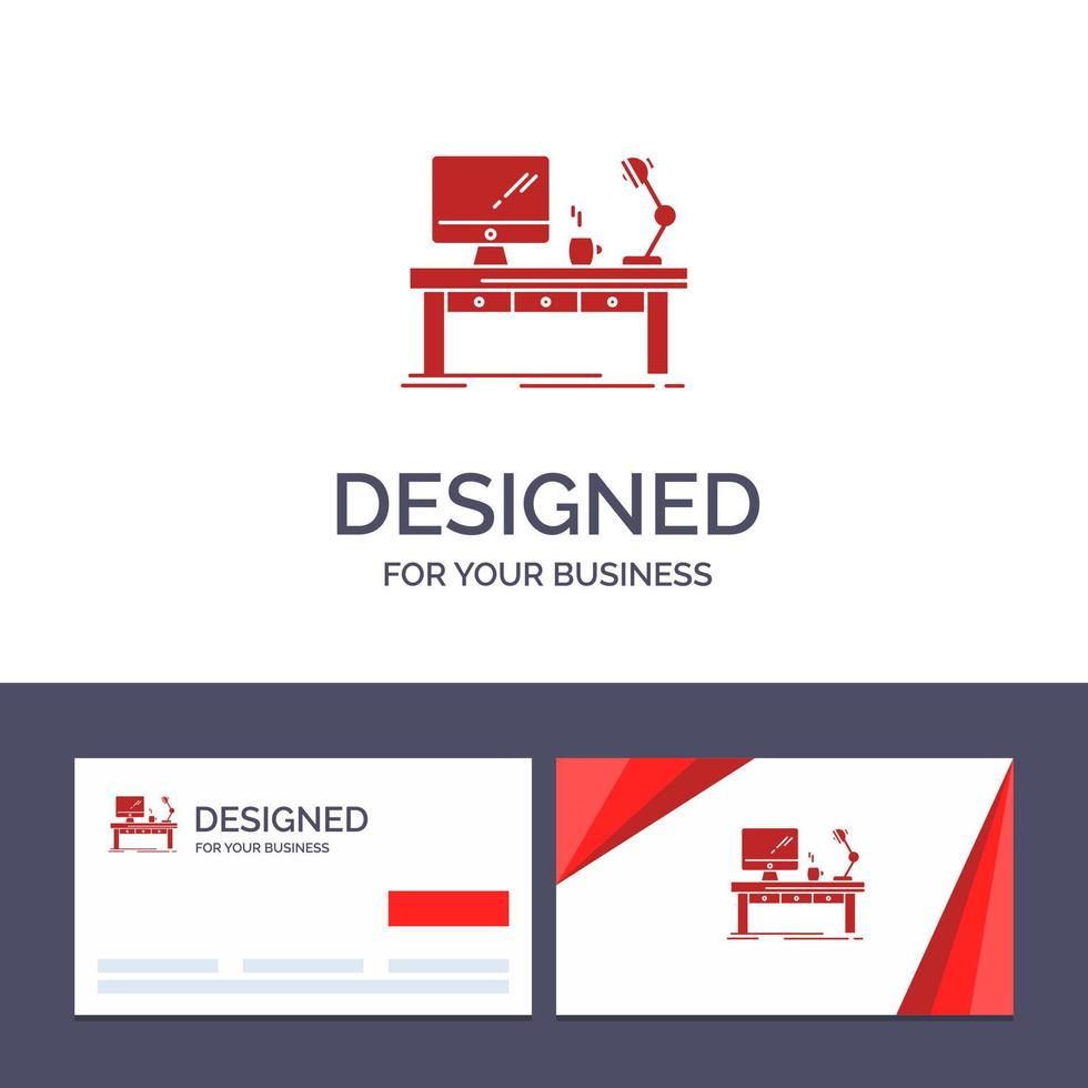 Creative Business Card and Logo template Workplace Business Computer Desk Lamp Office Table Vector Illustration