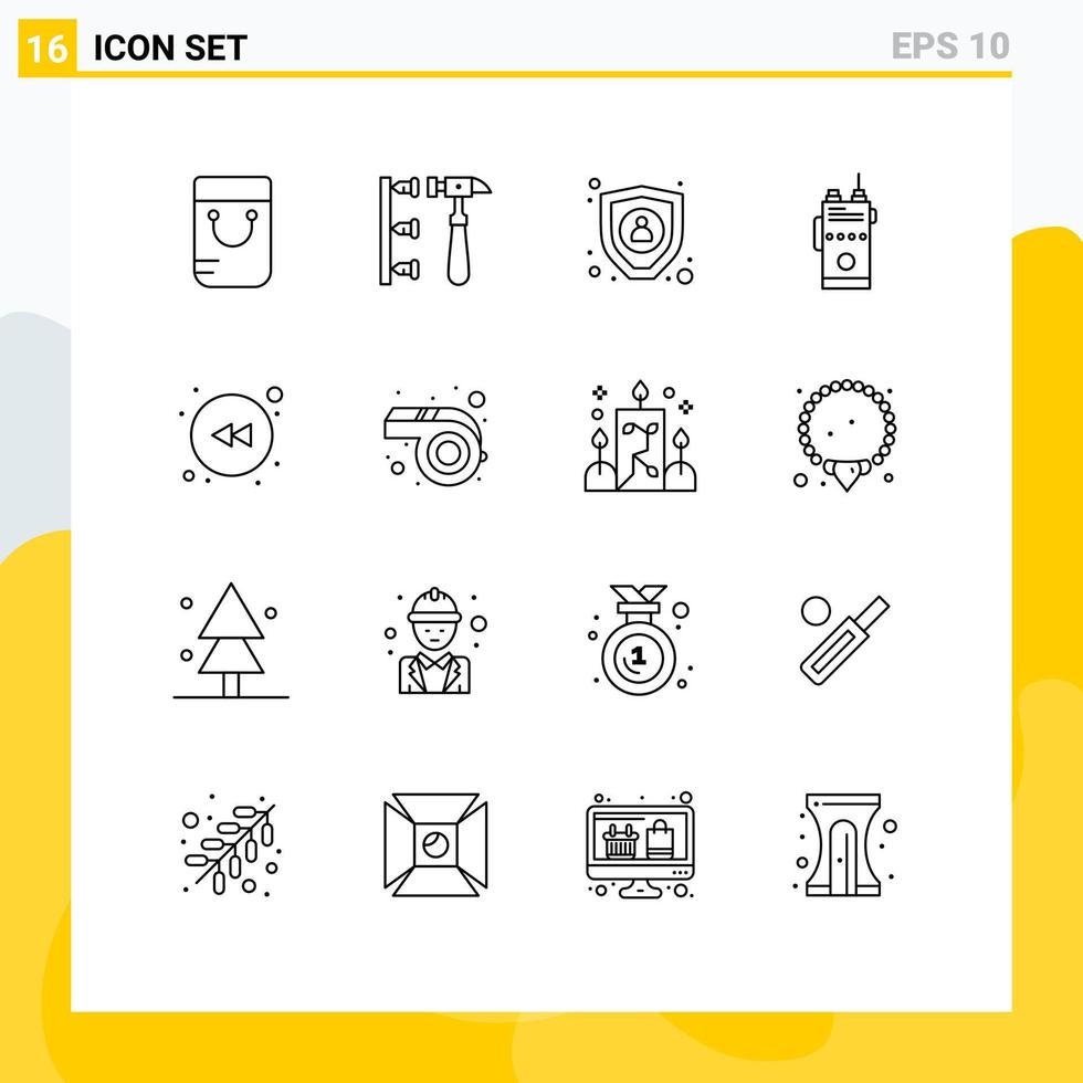 Group of 16 Modern Outlines Set for rewind arrow encryption camping communication Editable Vector Design Elements