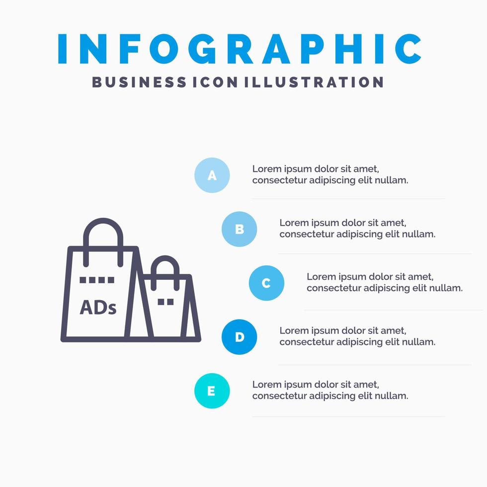 bolsa de publicidad monedero anuncio de compras icono de línea de compras con 5 pasos presentación infografía fondo vector