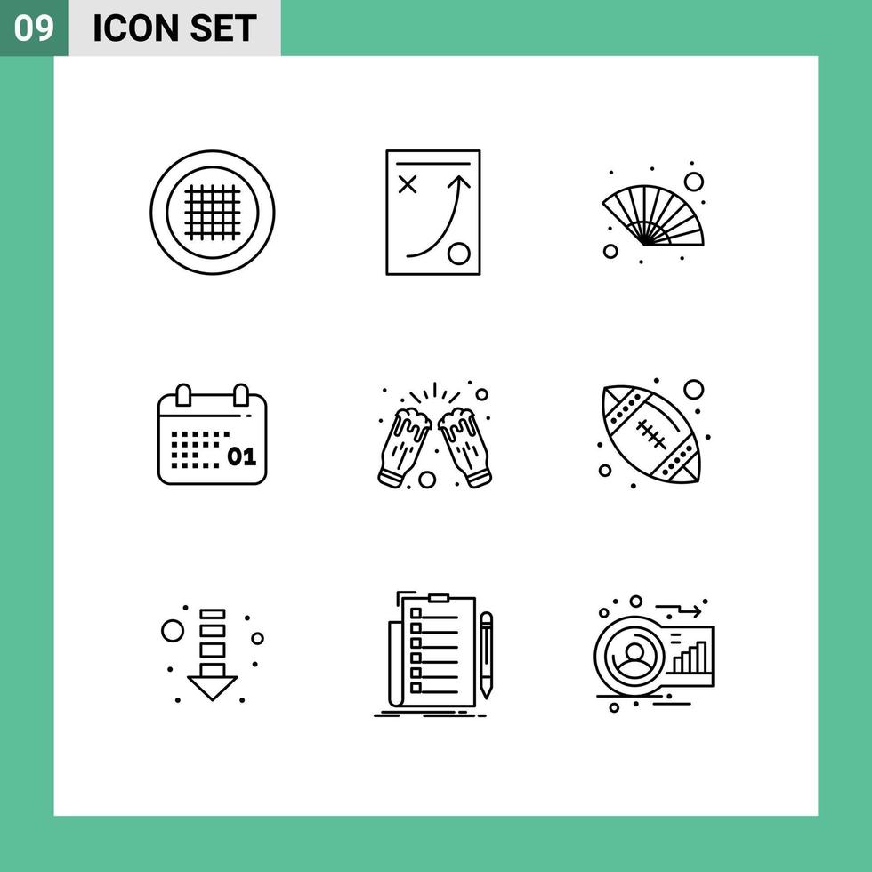 Mobile Interface Outline Set of 9 Pictograms of celebrate date tactic calendar wind Editable Vector Design Elements