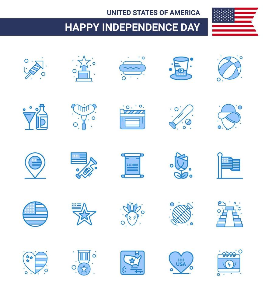 Set of 25 Vector Blues on 4th July USA Independence Day such as football american dog usa hat Editable USA Day Vector Design Elements