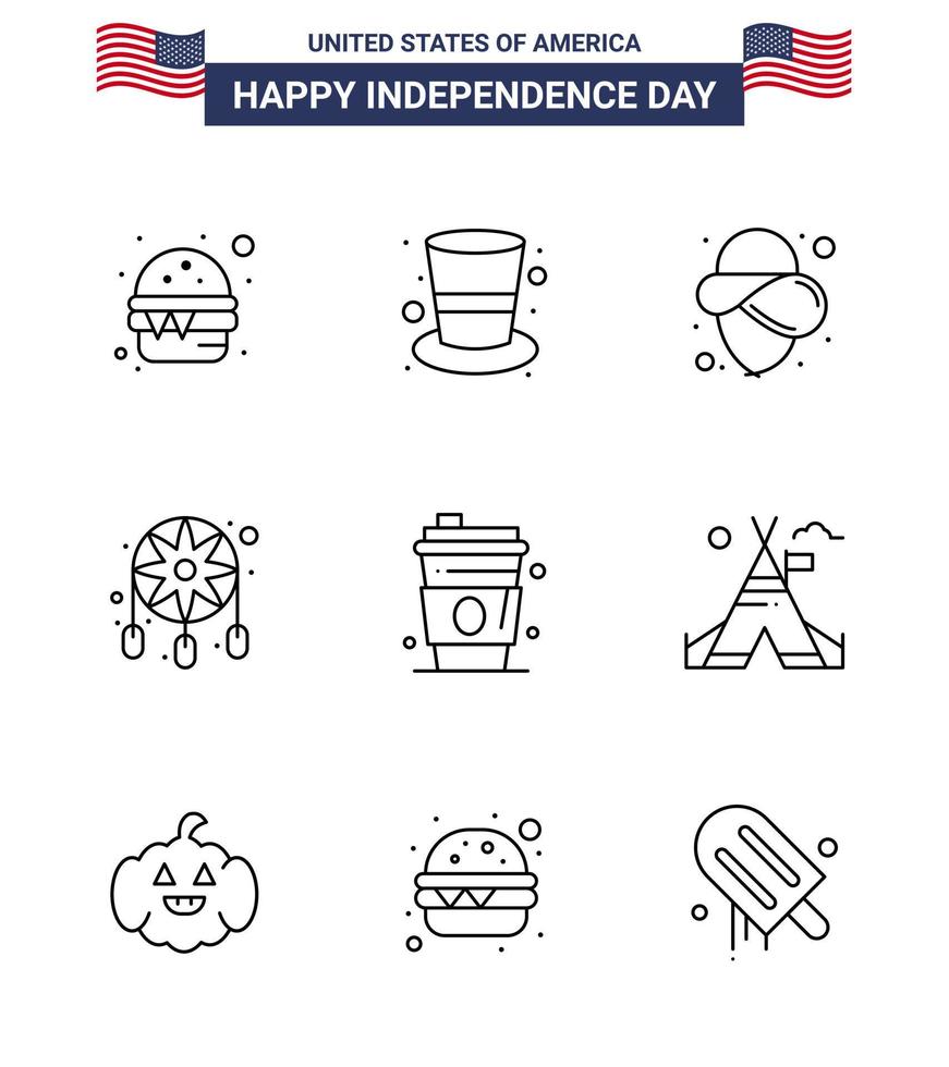 Line Pack of 9 USA Independence Day Symbols of juice alcohol usa western decoration Editable USA Day Vector Design Elements