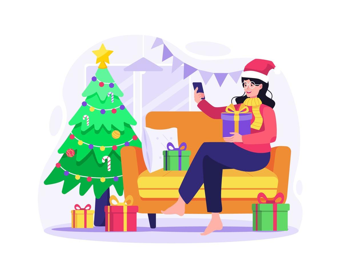 mujer joven feliz sentada en el sofá con un teléfono inteligente comprando regalos en línea. concepto de compras en línea de navidad y año nuevo. ilustración vectorial en estilo plano vector