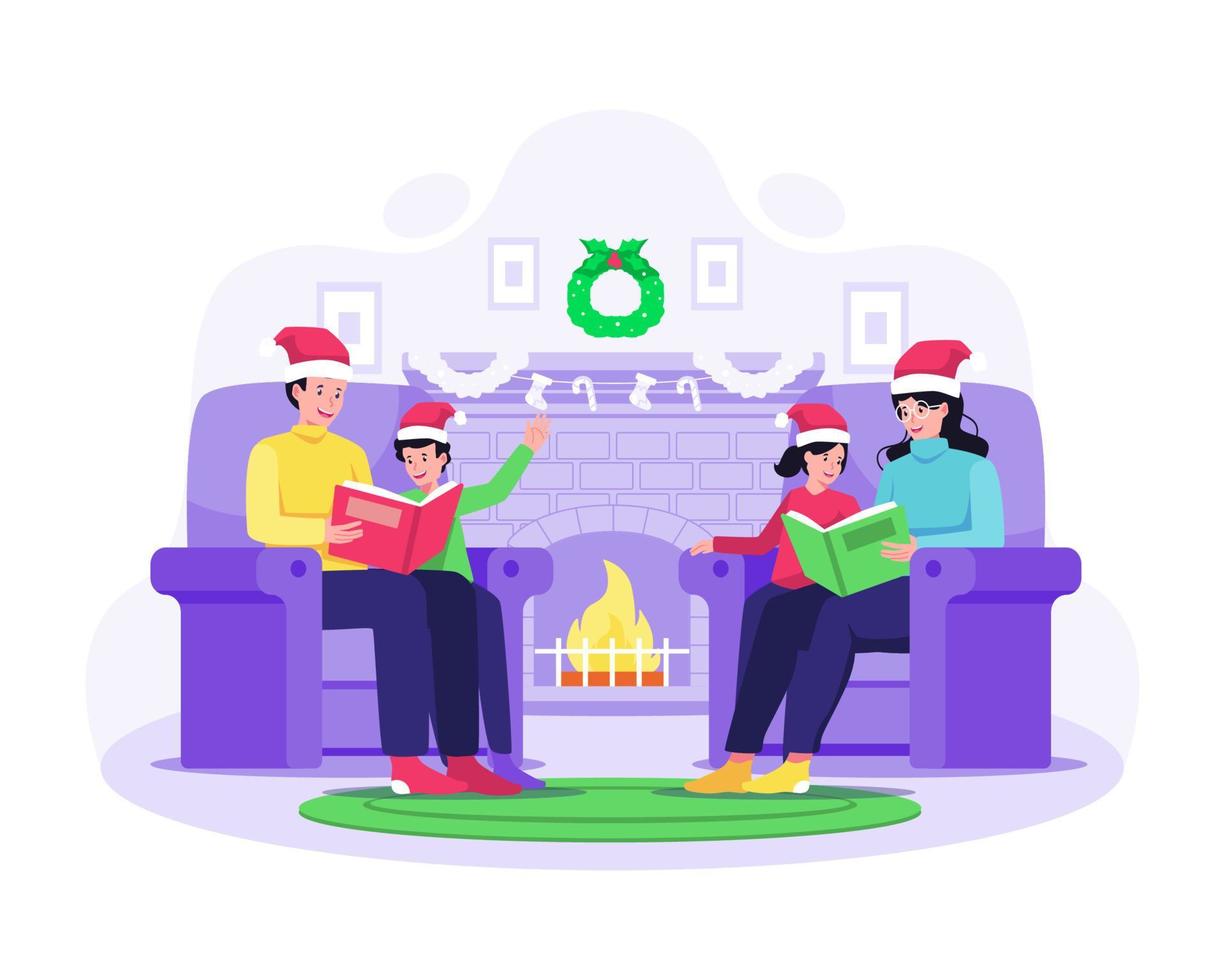 Christmas and New year holiday celebration concept with Family Mother, Father, and Children sitting on the sofa reading books together at Home. Vector illustration in flat style