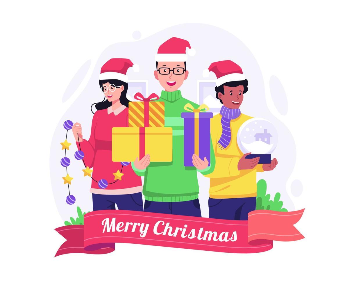 People celebrate Christmas and New Year with gifts and Christmas Decoration. Merry Christmas and Happy New Year. Vector illustration in flat style. Vector illustration in flat style