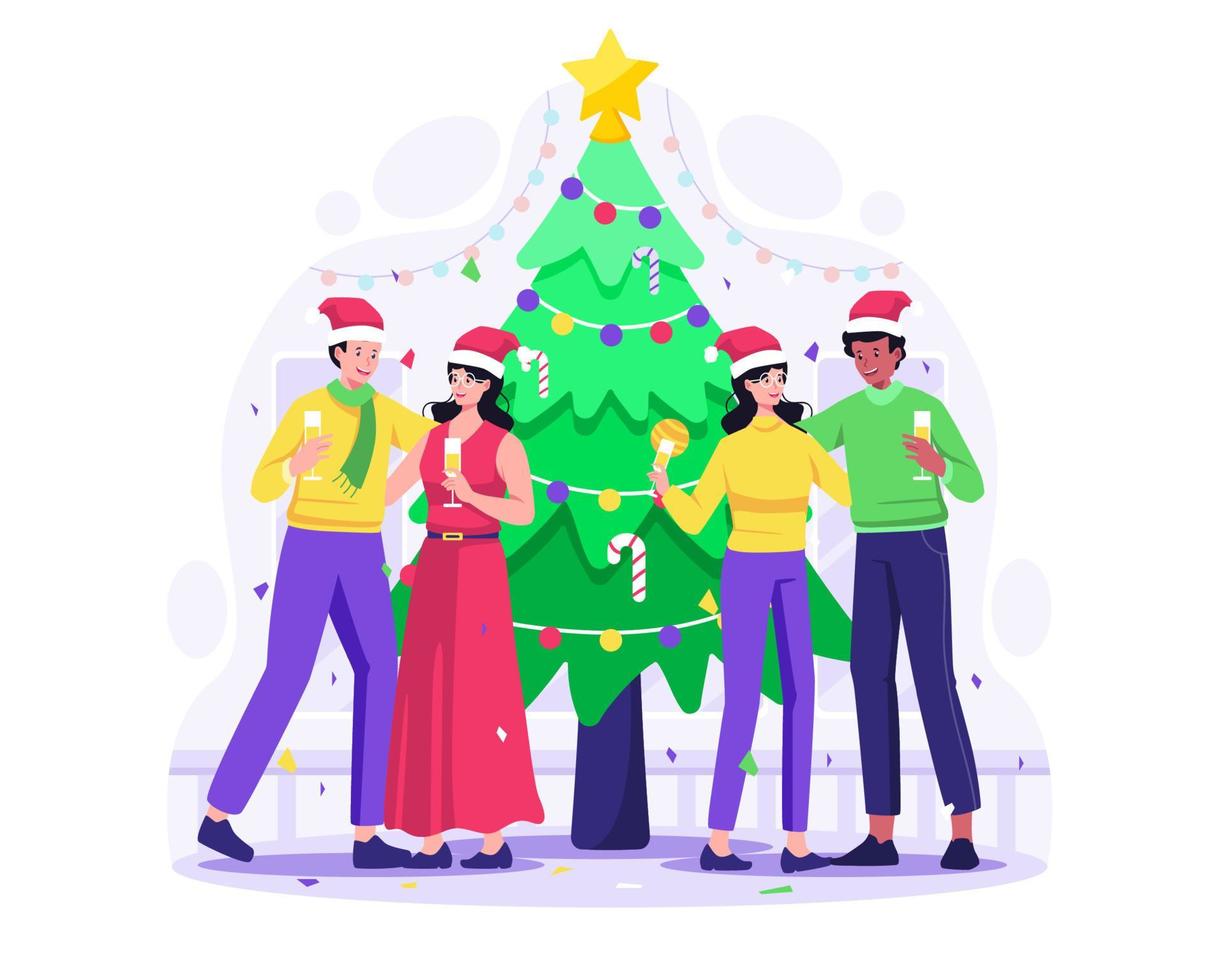 la gente celebra navidad y año nuevo. dos parejas hombre y mujer con champán cerca de un árbol de navidad. ilustración vectorial en estilo plano vector