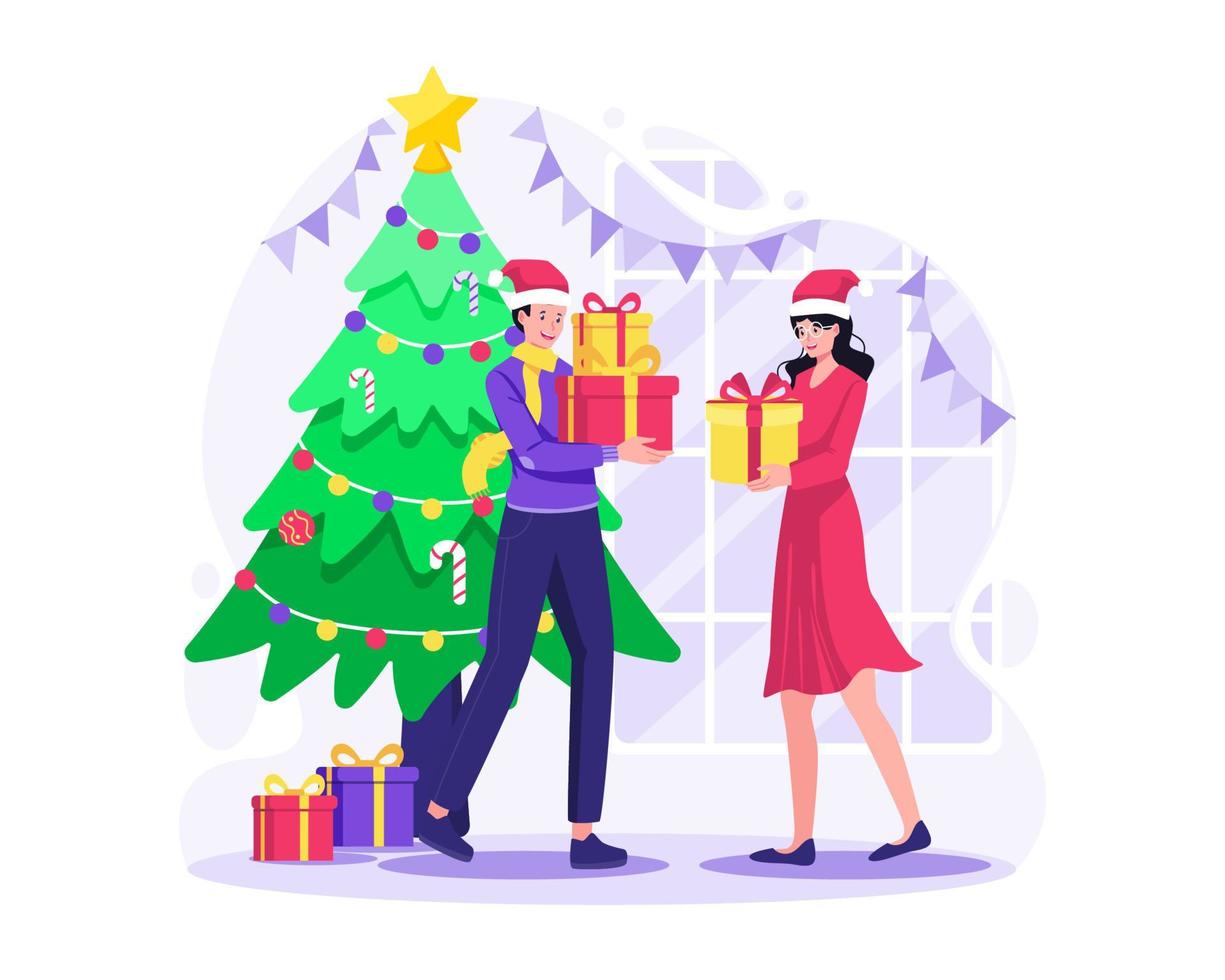 A Couple man and woman give each other gifts for Christmas and the New year Winter Holiday celebration. Vector illustration in flat style