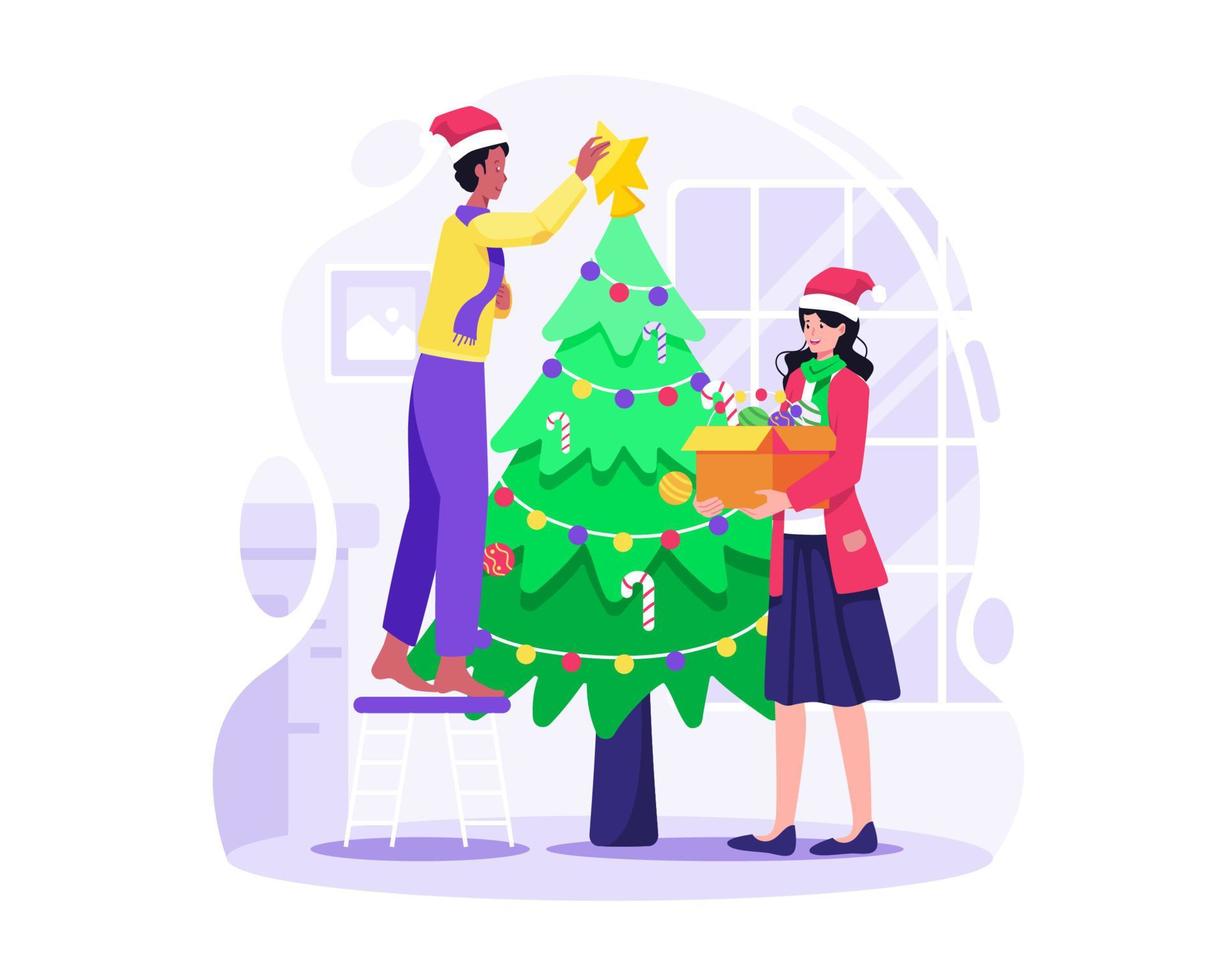 la pareja está decorando un árbol de navidad juntos en casa. un hombre pone una estrella en el árbol de navidad y una mujer trae una caja de adornos. ilustración vectorial en estilo plano vector