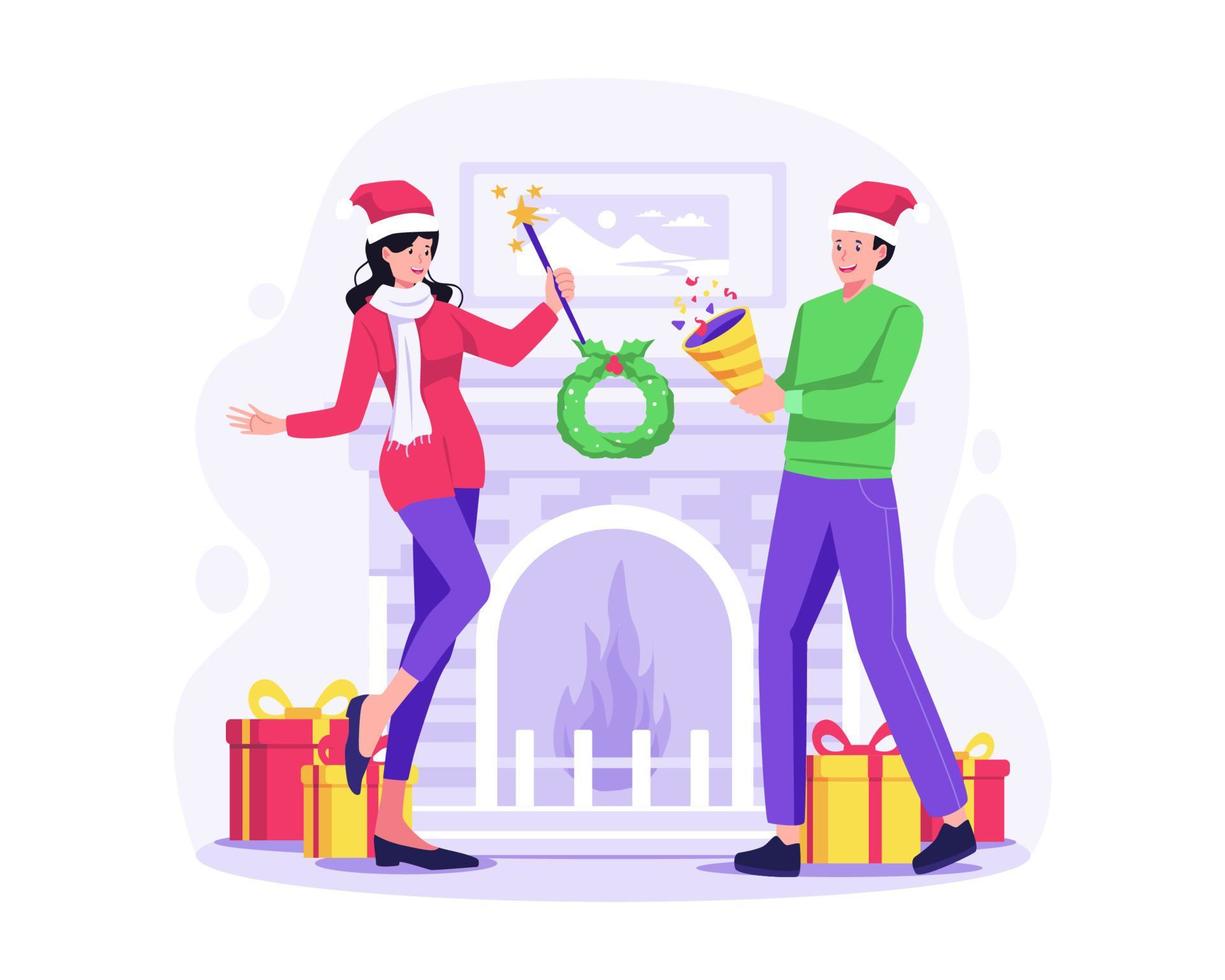 una pareja feliz hombre y una mujer con bengalas y petardos en sus manos celebran y disfrutan de una fiesta de navidad y año nuevo. ilustración vectorial en estilo plano vector