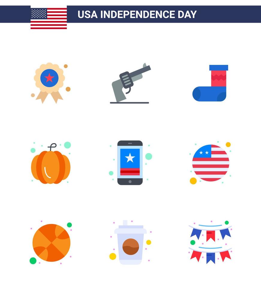 Group of 9 Flats Set for Independence day of United States of America such as smart phone cell celebration usa festival american Editable USA Day Vector Design Elements