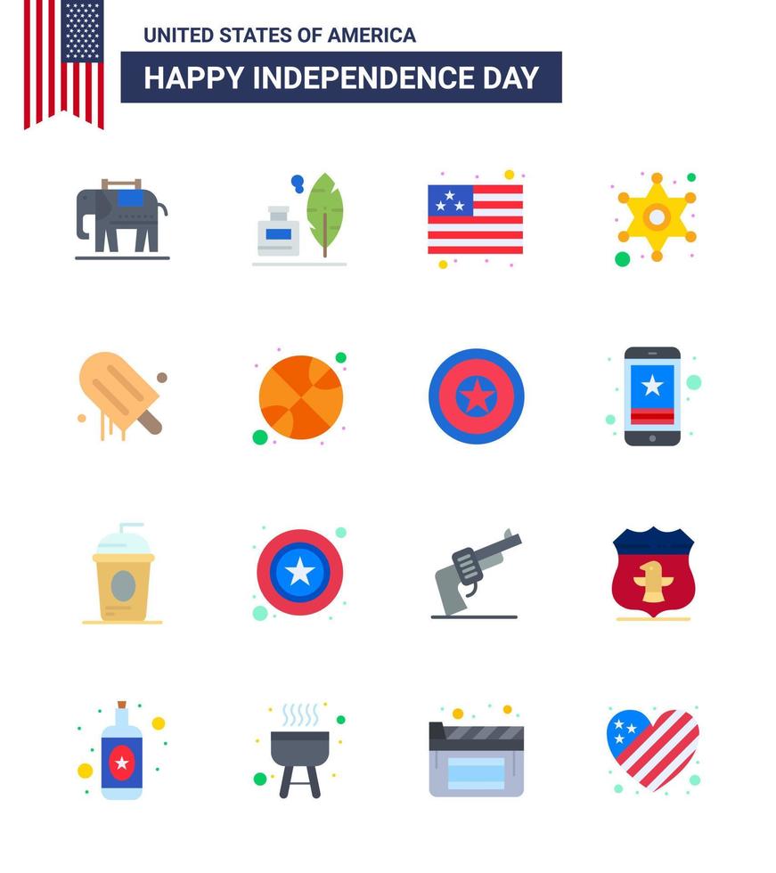paquete de 16 letreros planos de celebración del día de la independencia de EE. UU. Y símbolos del 4 de julio, como la bandera de crema de EE. UU., estrella de helado, elementos de diseño vectorial editables del día de EE. UU. vector
