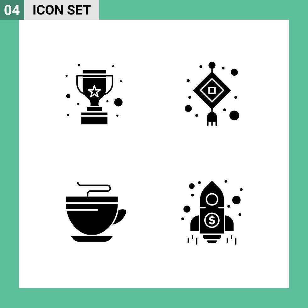 Group of 4 Modern Solid Glyphs Set for cup coffee reward lantern cleaning Editable Vector Design Elements