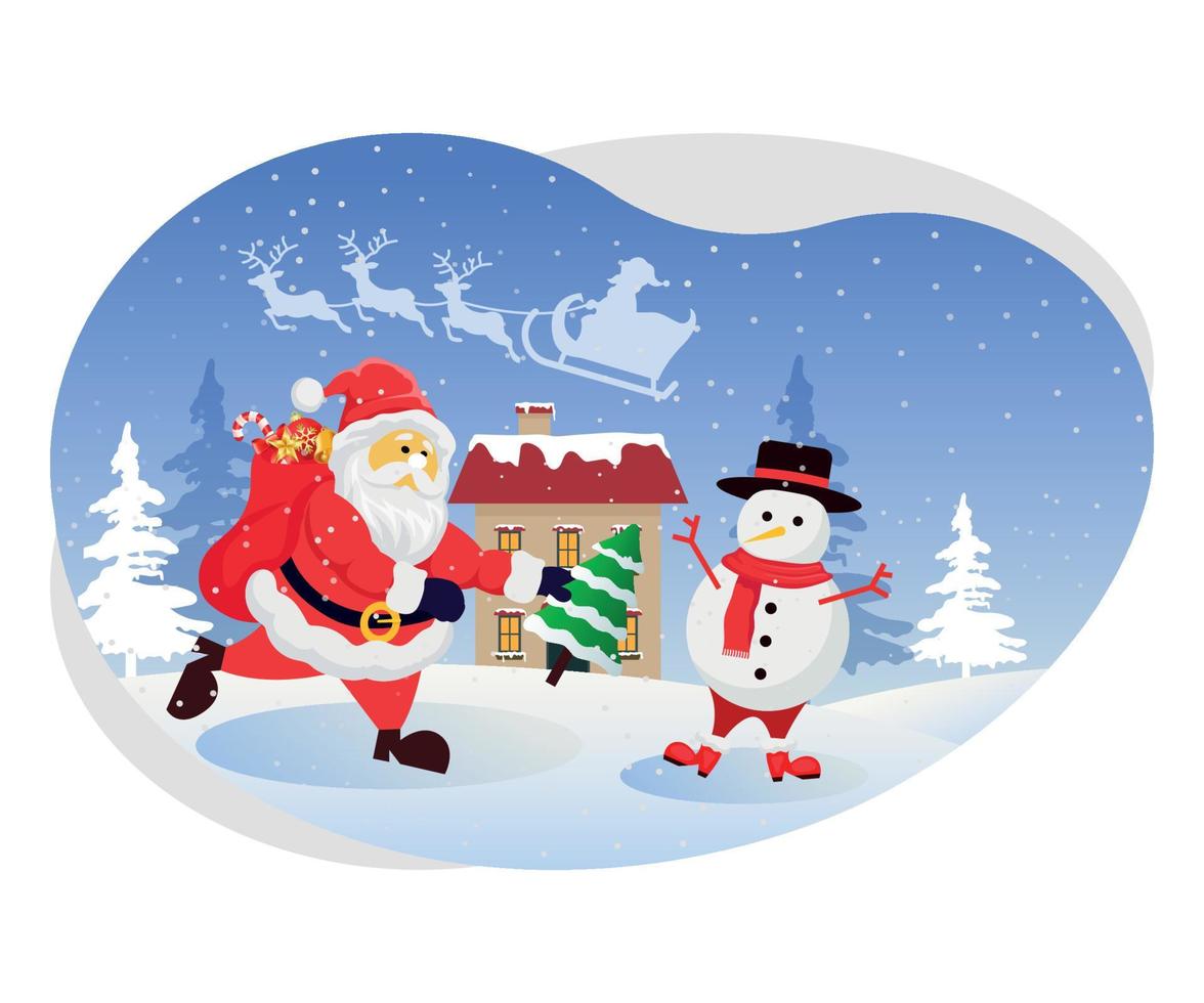 Santa giving gift to snowman illustration. vector