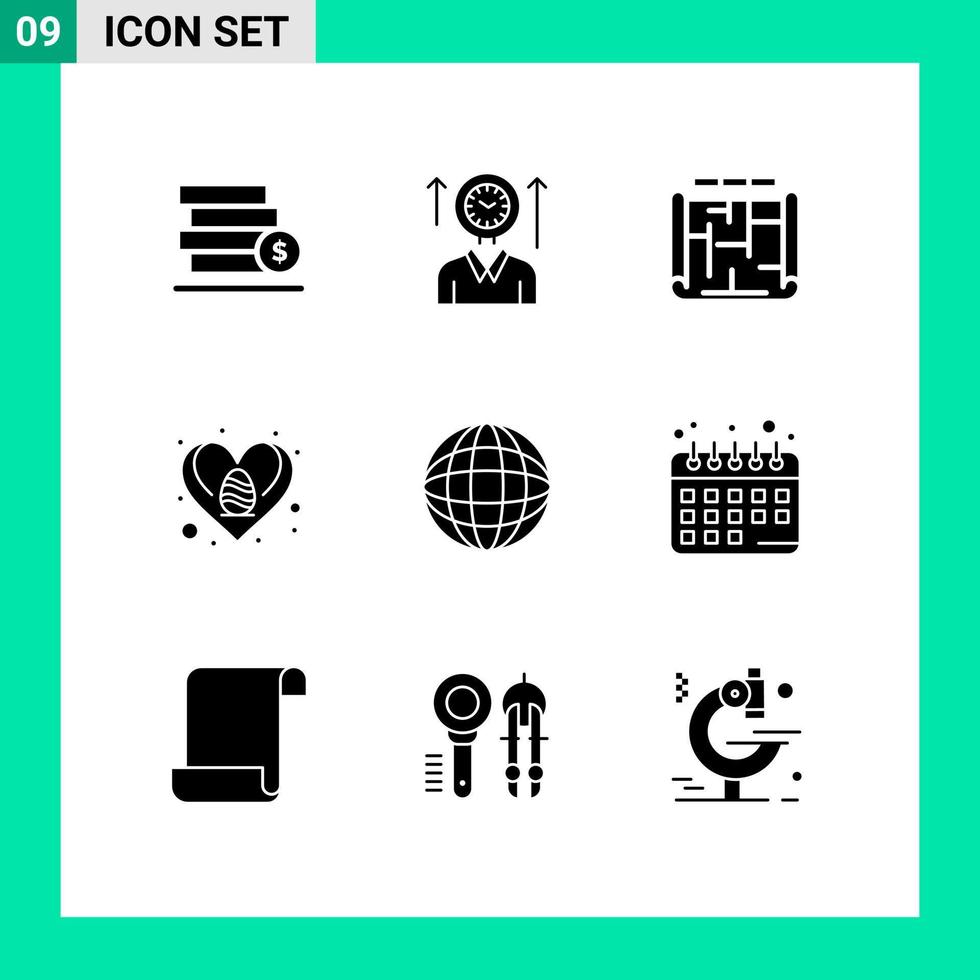 Stock Vector Icon Pack of 9 Line Signs and Symbols for globe heart hours egg estate Editable Vector Design Elements