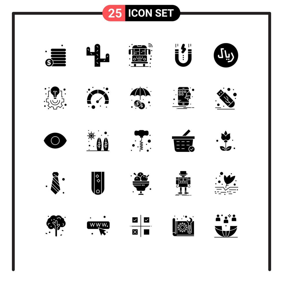 Pack of 25 Modern Solid Glyphs Signs and Symbols for Web Print Media such as bulb cash transport rayal magnet Editable Vector Design Elements