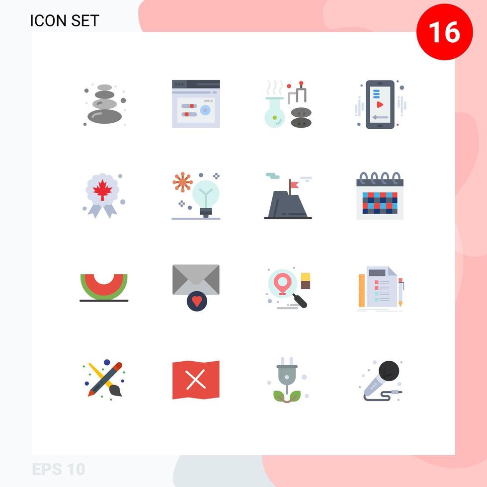 Flat Color Pack of 16 Universal Symbols of badge leaf medical video mobile Editable Pack of Creative Vector Design Elements