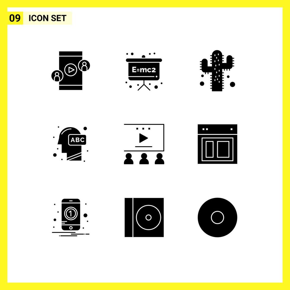 Set of 9 Commercial Solid Glyphs pack for social media marketing learning cactus knowledge head Editable Vector Design Elements