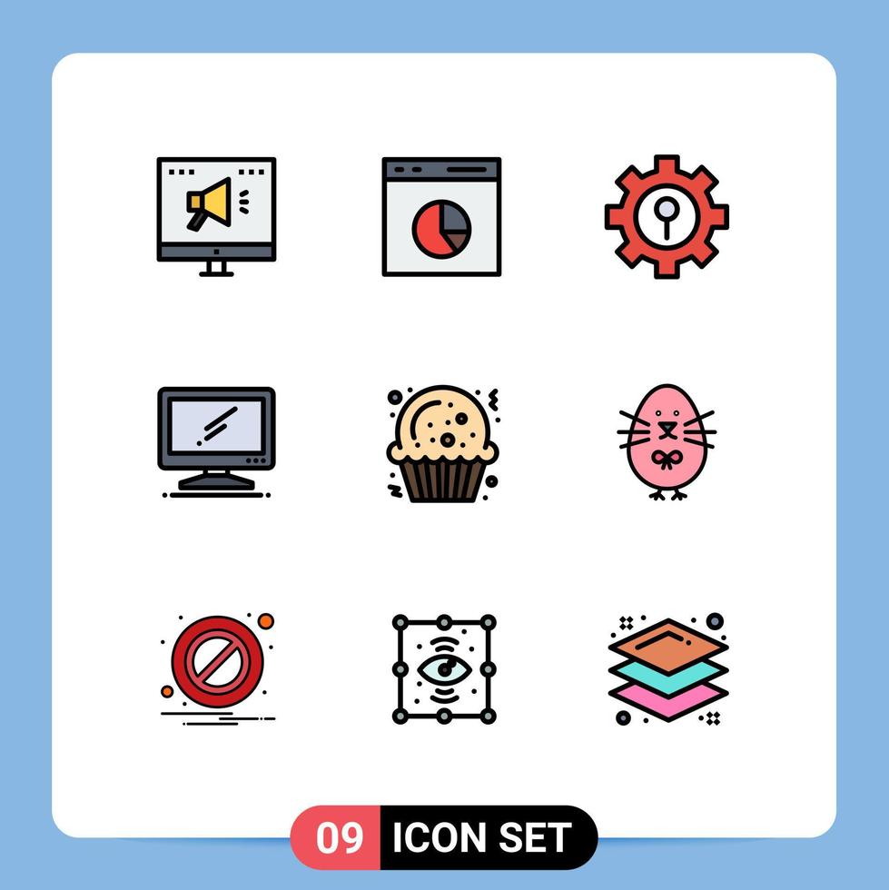 paquete de 9 colores planos creativos de línea de llenado de configuración de monitor de estadísticas de dispositivo de PC elementos de diseño de vector editables