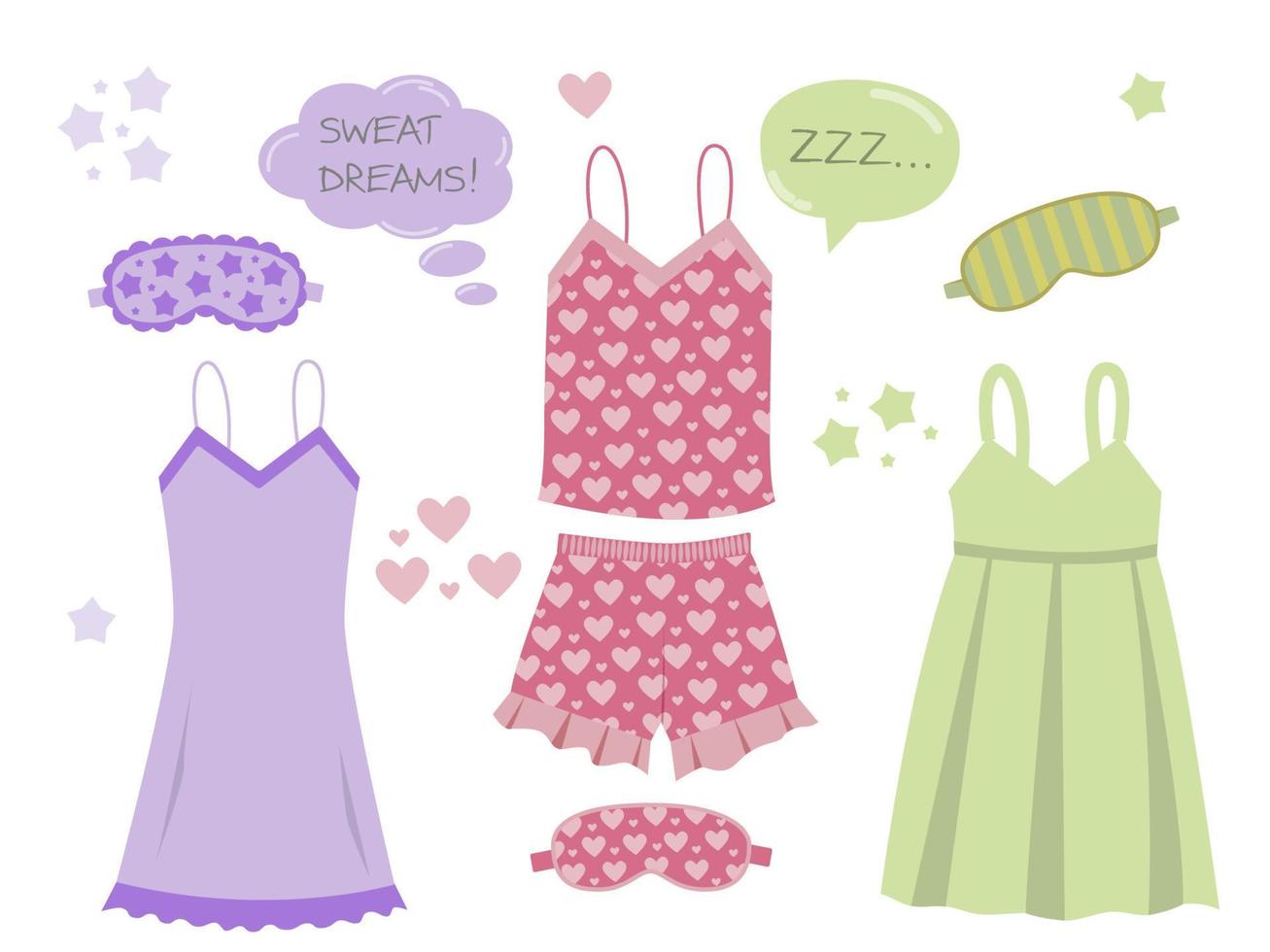 ropa de dormir para mujeres, ropa de dormir para mujeres, conjunto de pijamas de colección de moda. vector de estilo plano. ilustración vectorial