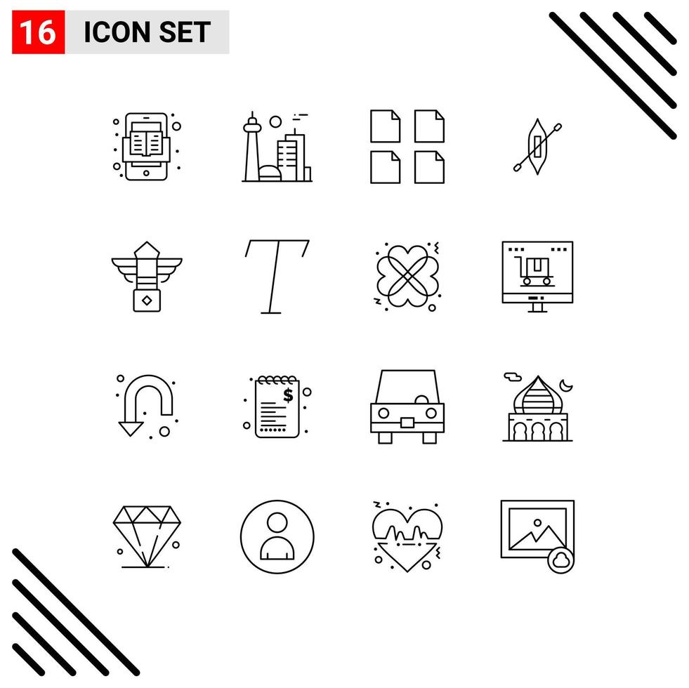 16 User Interface Outline Pack of modern Signs and Symbols of light ship toronto kayak boat Editable Vector Design Elements