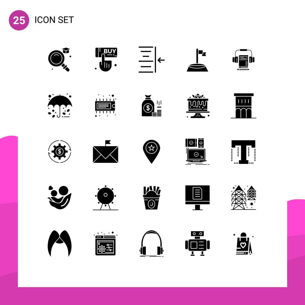 Pack of 25 Modern Solid Glyphs Signs and Symbols for Web Print Media such as book audio right music golf Editable Vector Design Elements